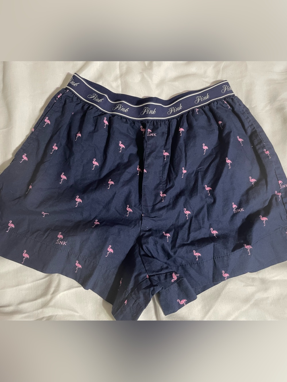 PINK Victoria's Secret Navy Boxer Shorts with Pink Flamingo Print